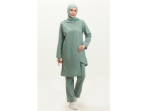 Kruvaze Bisiklet Yaka Sade Basic Tunik PanolonkiliTakm - 03076 - ala Yeili
