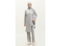 Kruvaze Bisiklet Yaka Sade Basic Tunik PanolonkiliTakm - 03076 - Gri