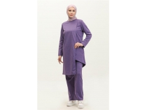 Kruvaze Bisiklet Yaka Sade Basic Tunik PanolonkiliTakm - 03076 - Koyu Lila