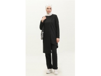Kruvaze Bisiklet Yaka Sade Basic Tunik PanolonkiliTakm - 03076 - Siyah