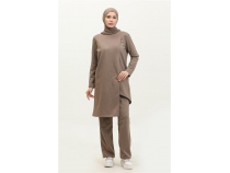 Kruvaze Bisiklet Yaka Sade Basic Tunik PanolonkiliTakm - 03076 - Vizon