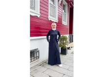 O Yaka Fermuarl Yan Cepli Pamuklu Uzun Ferace - 71179 - Lacivert