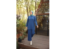 O Yaka Ksa Tunik Pantolon Sade kili Tesettr Eofman Takm - 71219.006 - ndigo