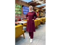 nden ki Cepli Sade Basic Uzun Tunik Pantolon kili Spor Takm - 03067 - Bordo