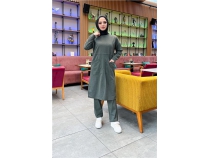 nden ki Cepli Sade Basic Uzun Tunik Pantolon kili Spor Takm - 03067 - Haki