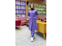 nden ki Cepli Sade Basic Uzun Tunik Pantolon kili Spor Takm - 03067 - Koyu Lila