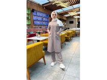 nden ki Cepli Sade Basic Uzun Tunik Pantolon kili Spor Takm - 03067 - Vizon