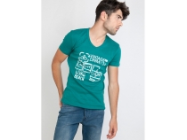 RODRIGO Yeil Vintage V Yaka Ksa Kol Baskl T-shirt