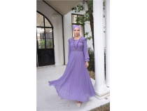 V Yaka Detayl Kemerli Sade Uzun ifon Elbise - 50016 - Lila