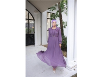 V Yaka Detayl Kemerli Sade Uzun ifon Elbise - 50016 - Mor