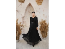 V Yaka Detayl Kemerli Sade Uzun ifon Elbise - 50016 - Siyah