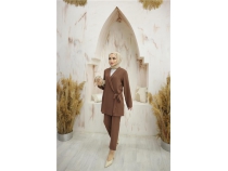 Yandan Balamal Krep Ceket kili Takm - 71194 - Kahverengi