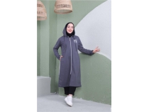 Yaz Baskl Fermuarl Kaponlu Uzun Sweat - 03081 - Antrasit