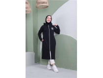 Yaz Baskl Fermuarl Kaponlu Uzun Sweat - 03081 - Siyah