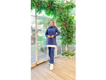 Yaz Baskl Garni Detayl Kaponlu Ksa Sweat Pantolon kili Tesettr Eofman Takm - 03080 - Ak Lacivert