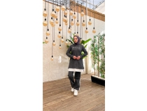Yaz Baskl Garni Detayl Kaponlu Ksa Sweat Pantolon kili Tesettr Eofman Takm - 03080 - Antrasit