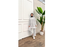 Yaz Baskl Garni Detayl Kaponlu Ksa Sweat Pantolon kili Tesettr Eofman Takm - 03080 - Gri