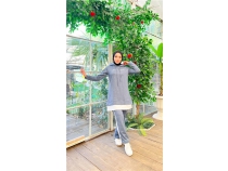 Yaz Baskl Garni Detayl Kaponlu Ksa Sweat Pantolon kili Tesettr Eofman Takm - 03080 - ndigo