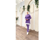 Yaz Baskl Garni Detayl Kaponlu Ksa Sweat Pantolon kili Tesettr Eofman Takm - 03080 - Koyu Lila