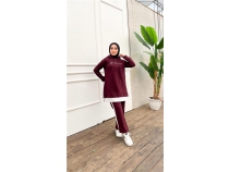 Yaz Baskl Garni Detayl Kaponlu Ksa Sweat Pantolon kili Tesettr Eofman Takm - 03080 - Mrdm