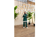 Yaz Baskl Garni Detayl Kaponlu Ksa Sweat Pantolon kili Tesettr Eofman Takm - 03080 - Nefti