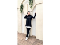 Yaz Baskl Garni Detayl Kaponlu Ksa Sweat Pantolon kili Tesettr Eofman Takm - 03080 - Siyah