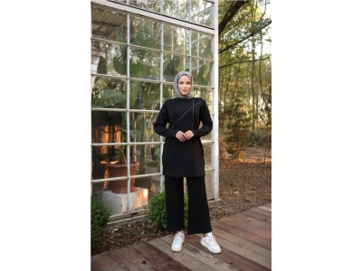 �arpraz Ta� Detayl� O Yaka Sweat-Pantolon �kili E�ofman Spor Tak�m� - 71215.003 - Siyah