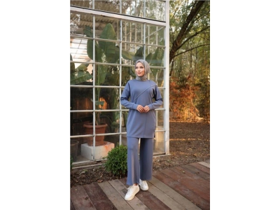 �arpraz Ta� Detayl� O Yaka Sweat-Pantolon �kili E�ofman Spor Tak�m� - 71215.006 - �ndigo