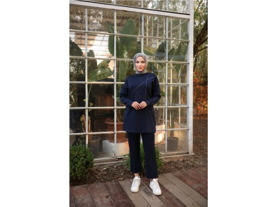 �arpraz Ta� Detayl� O Yaka Sweat-Pantolon �kili E�ofman Spor Tak�m� - 71215.015 - Lacivert