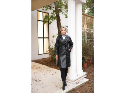 Kruvaze Yaka Cepli Belden Ba�c�kl� Deri Tren�kot - 71212.003 - Siyah