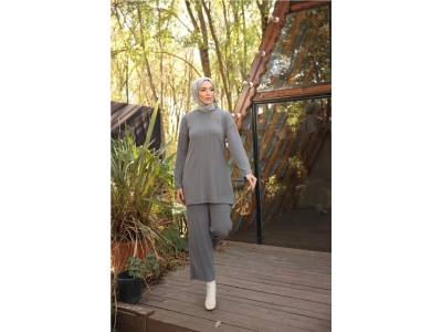O Yaka K�sa Tunik Pantolon Sade �kili Tesett�r E�ofman Tak�m� - 71219.012 - F�me